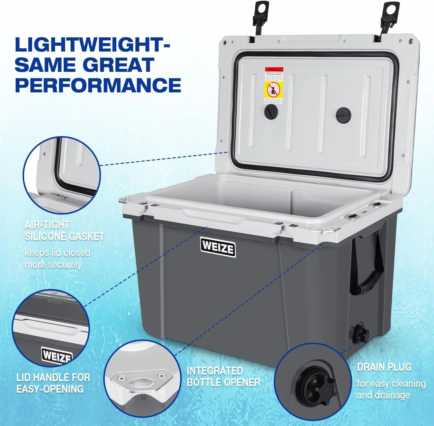 WEIZE Ultra-Light 55 Quart Hard Cooler Insulated Portable Ice Chest Box with Bottle Opener, Keeps Cold up to 7 Days for Beach, Drink, Beverage, Camping, Picnic, Fishing, Boat, Barbecue