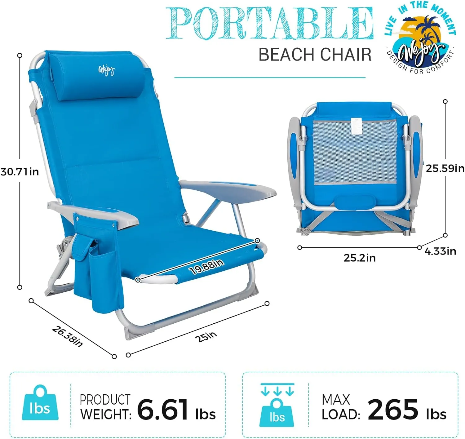 #WEJOY Folding Beach Chair for Adults, 4-Position Aluminum Lightweight Beach Chair, Low Sands Chairs with Shoulder Strap, Cup Holder and Padded Headrest, Supports 265lbs for Lawn