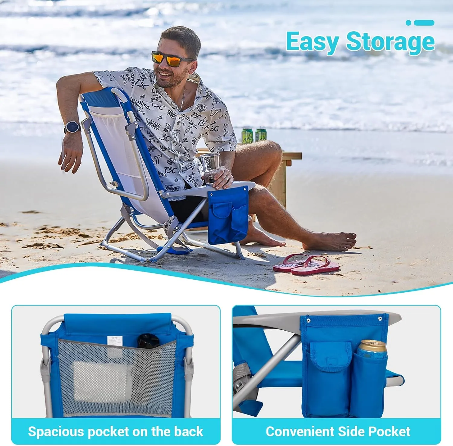 #WEJOY Folding Beach Chair for Adults, 4-Position Aluminum Lightweight Beach Chair, Low Sands Chairs with Shoulder Strap, Cup Holder and Padded Headrest, Supports 265lbs for Lawn