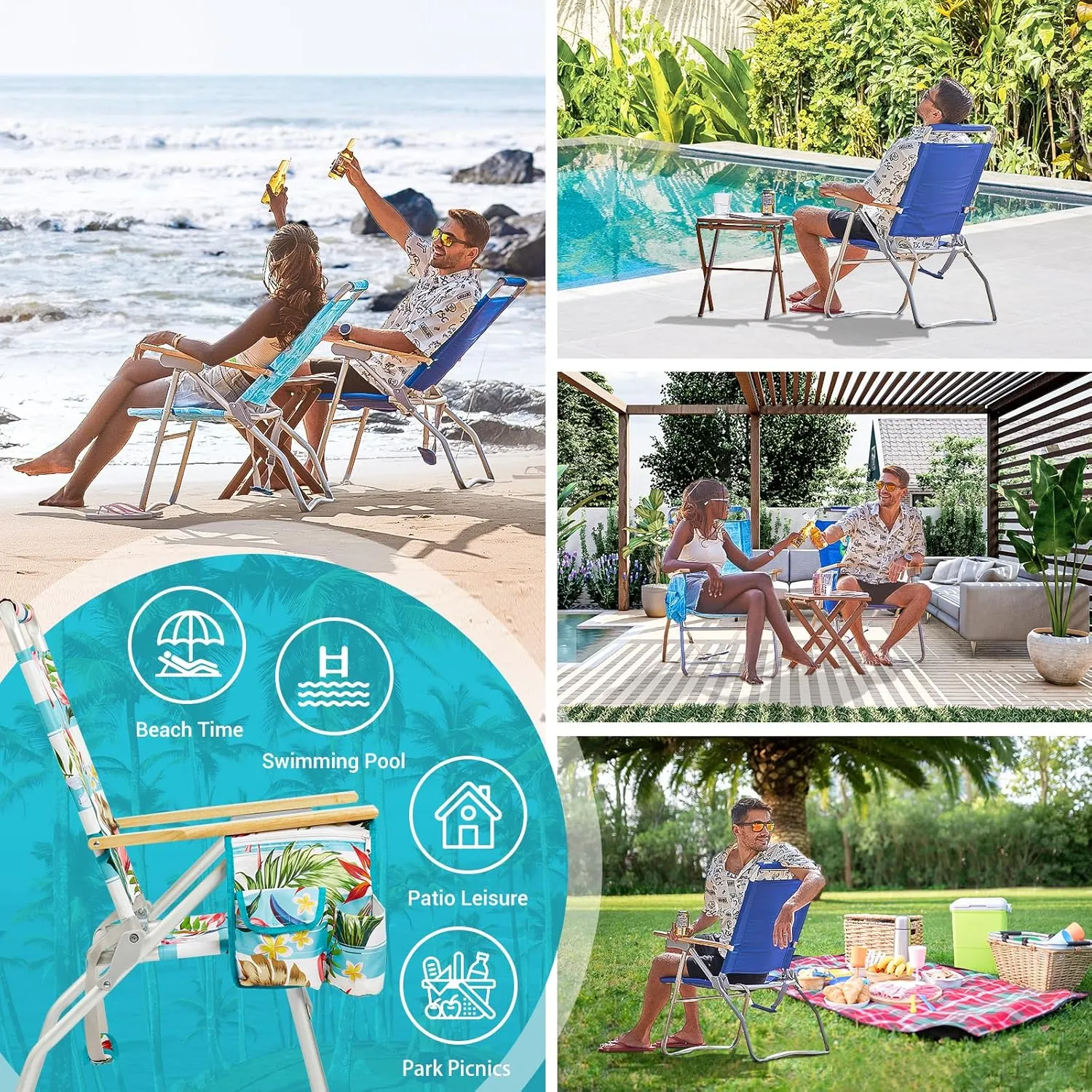 #WEJOY High Back Beach Chair 2 Pack, 4 Position Adjustable Heavy Duty Aluminum Folding Backpack Camping Chairs with Wooden Armrest, Storage Bag & Cup Holders for Outdoor Travel Fishing (Dark Blue)