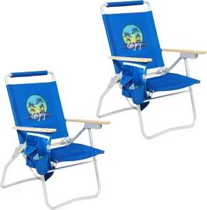 #WEJOY High Back Beach Chair 2 Pack, 4 Position Adjustable Heavy Duty Aluminum Folding Backpack Camping Chairs with Wooden Armrest, Storage Bag & Cup Holders for Outdoor Travel Fishing (Dark Blue)