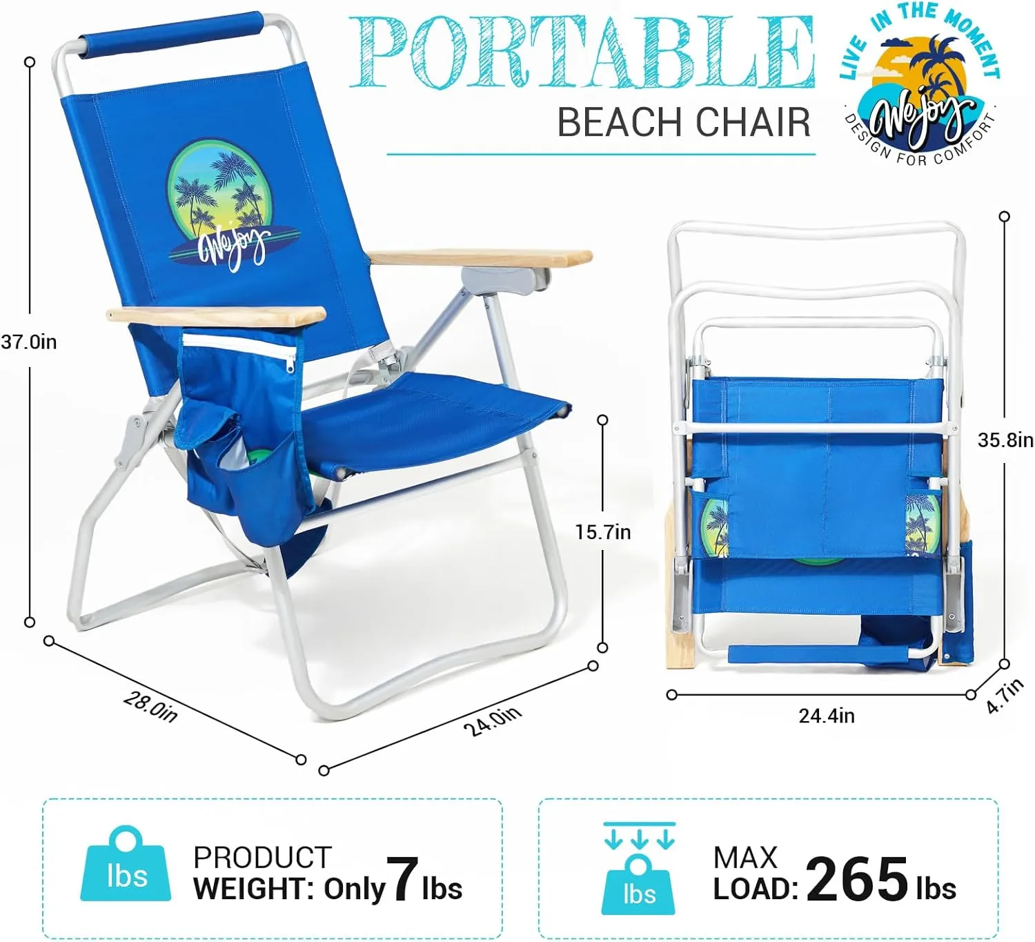 #WEJOY High Back Beach Chair 2 Pack, 4 Position Adjustable Heavy Duty Aluminum Folding Backpack Camping Chairs with Wooden Armrest, Storage Bag & Cup Holders for Outdoor Travel Fishing (Dark Blue)