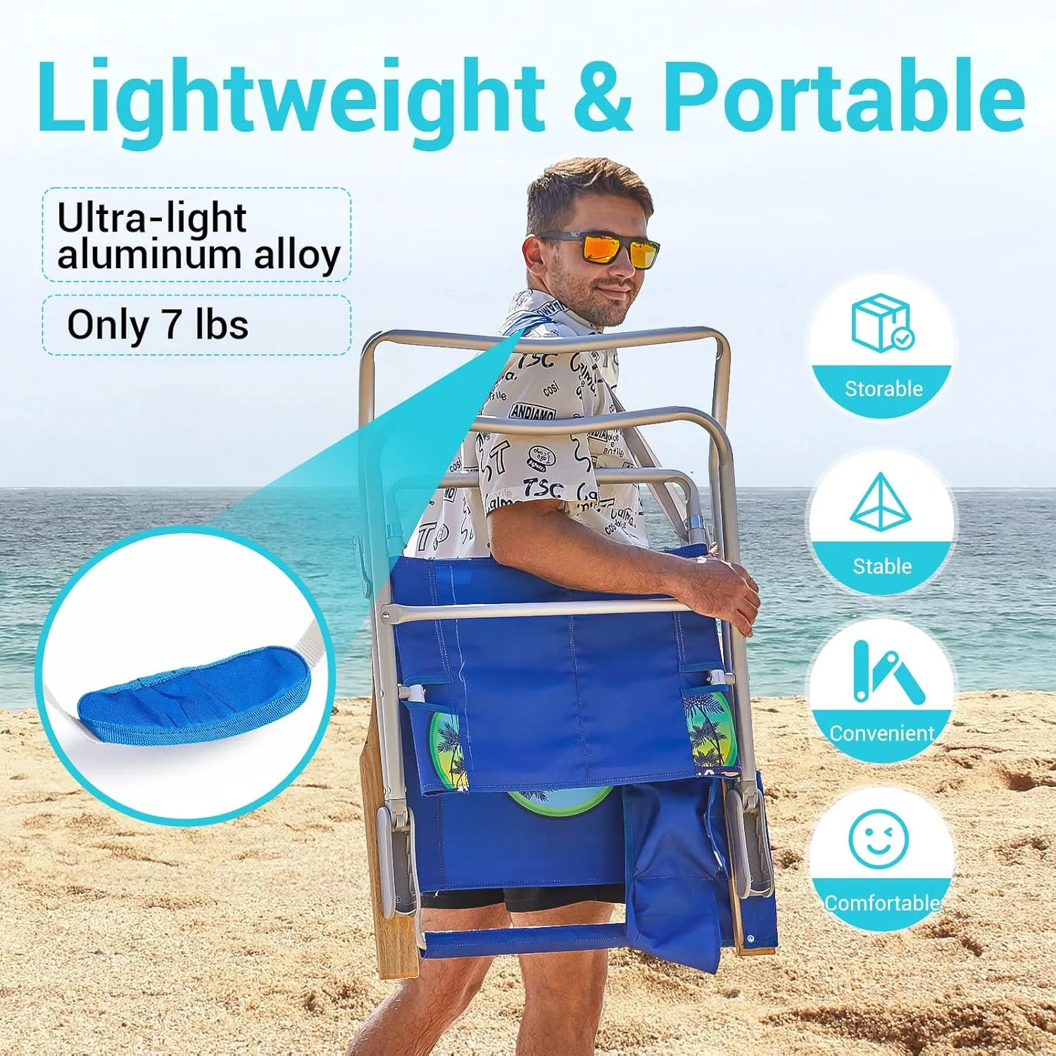 #WEJOY High Back Beach Chair 2 Pack, 4 Position Adjustable Heavy Duty Aluminum Folding Backpack Camping Chairs with Wooden Armrest, Storage Bag & Cup Holders for Outdoor Travel Fishing (Dark Blue)