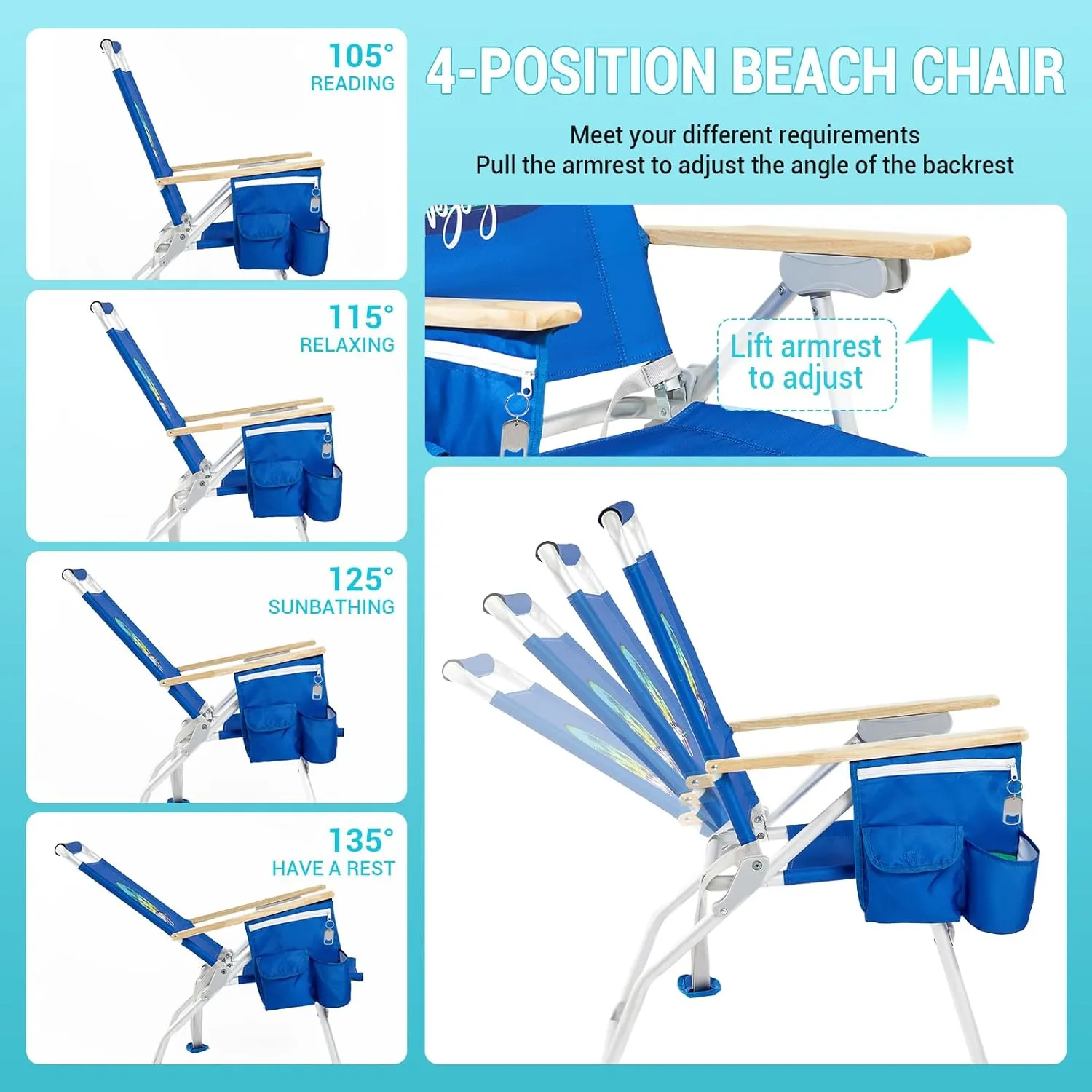 #WEJOY High Back Beach Chair 2 Pack, 4 Position Adjustable Heavy Duty Aluminum Folding Backpack Camping Chairs with Wooden Armrest, Storage Bag & Cup Holders for Outdoor Travel Fishing (Dark Blue)