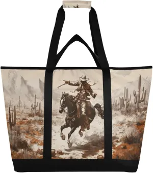 Western Desert Cowboy Reusable Insulated Lunchbox Cooler Bag, Leakproof Kitchen Grocery Bag Collapsible Portable Cooler Tote Bag for Picnic, Camping, Office, Travel