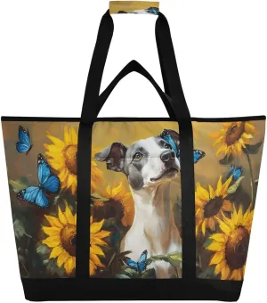 Whippet Dog Sunflower Cute Large Insulated Reusable Tote Bag for Grocery Shopping for Women Men, Cooler Bag with Zippered Top & Handles for Travel Beach Picnic