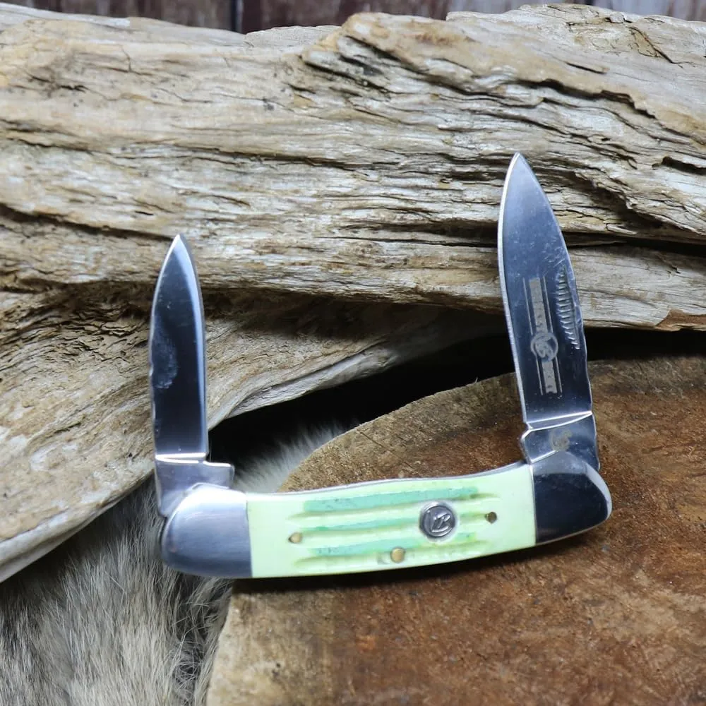 WHISKEY BENT HAT CO. Traditional Canoe Folding Pocket Knife w/Filework 3.63" Closed Length 440C Stainless Steel Blades (Ivy)