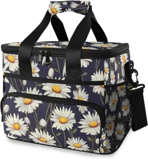 White Daisy Black Cooler Bag Insulated Cooler Soft Sided Cooler 24 Can Portable Picnic Bag Large Leakproof Lunch Bag Box for Beach Grocery Camping Travel Car Men Women
