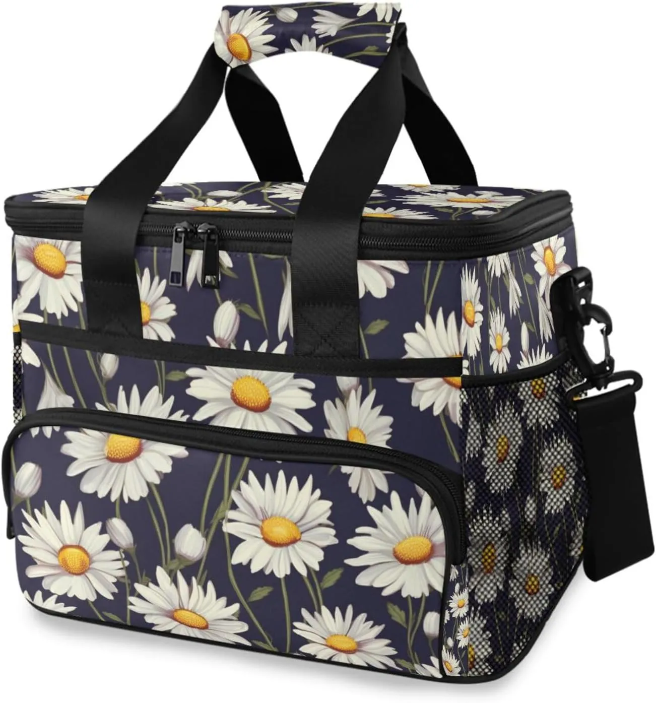 White Daisy Black Cooler Bag Insulated Cooler Soft Sided Cooler 24 Can Portable Picnic Bag Large Leakproof Lunch Bag Box for Beach Grocery Camping Travel Car Men Women