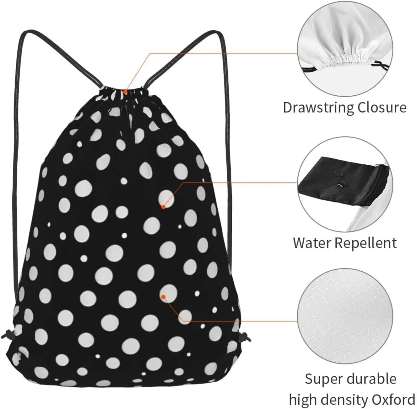 White Dot Pattern Drawstring Cinch Backpack Polyester Sack Pack String Bag For Hiking Camping Adventure