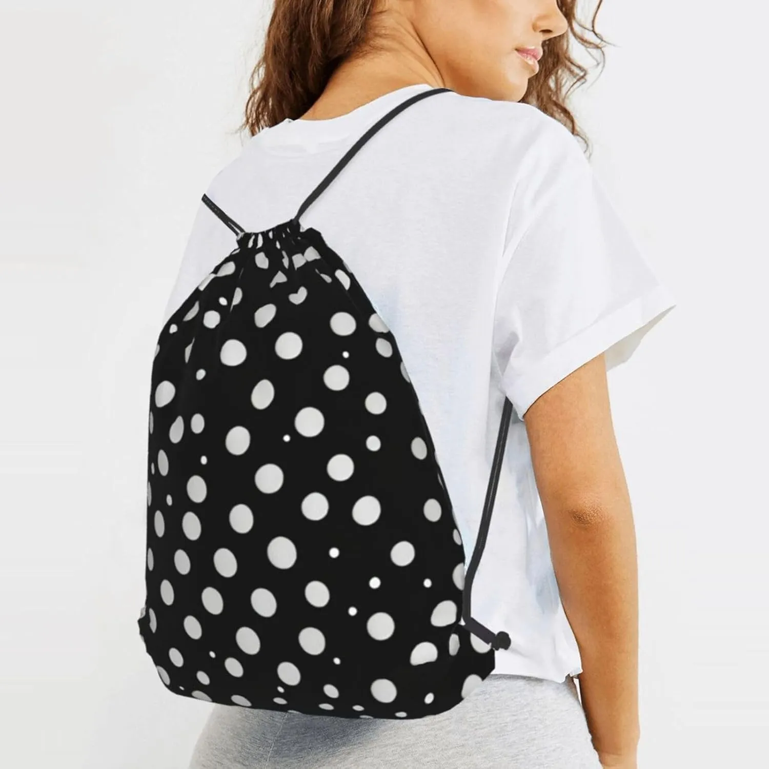 White Dot Pattern Drawstring Cinch Backpack Polyester Sack Pack String Bag For Hiking Camping Adventure
