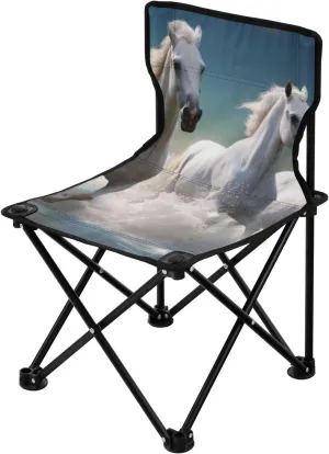 White Horses Galloping Portable Outdoor Folding Chair Anti-Slip Padded Oxford Cloth Stool Camping Chair Small for Beach Hiking Fishing Gardening Quad Camp Chair