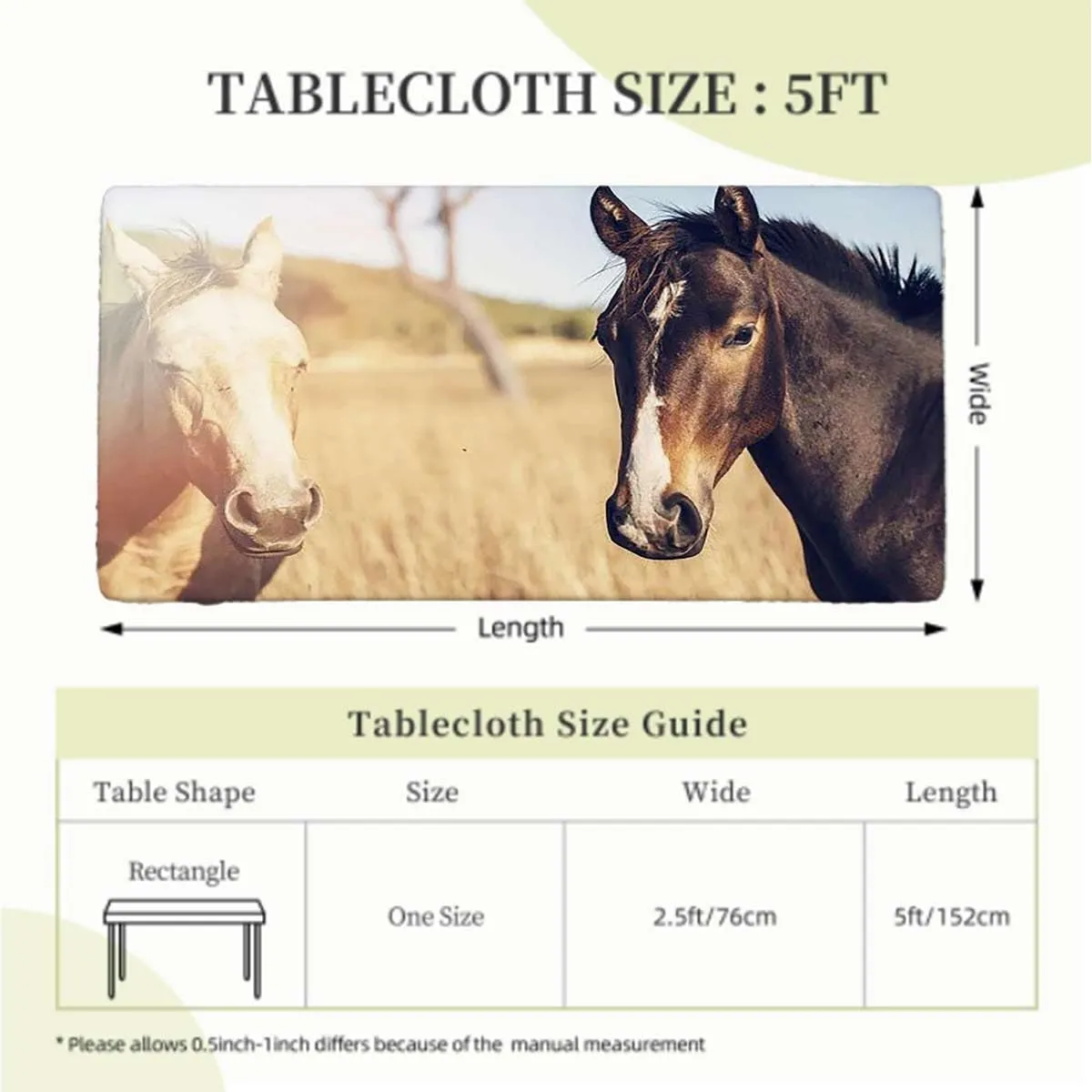 White Orange Green Tablecloth for Folding Table Horse Running on Plowed Elastic Tablecloth for Rectangle Table for Outdoor Picnics Dining Holiday Horses Fits up 5 Foot Tables