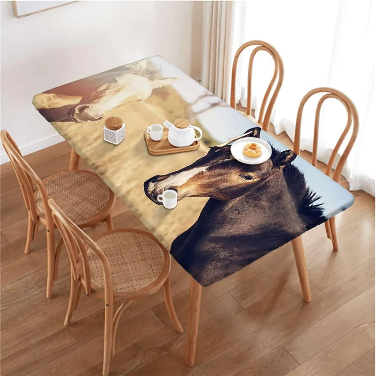 White Orange Green Tablecloth for Folding Table Horse Running on Plowed Elastic Tablecloth for Rectangle Table for Outdoor Picnics Dining Holiday Horses Fits up 5 Foot Tables