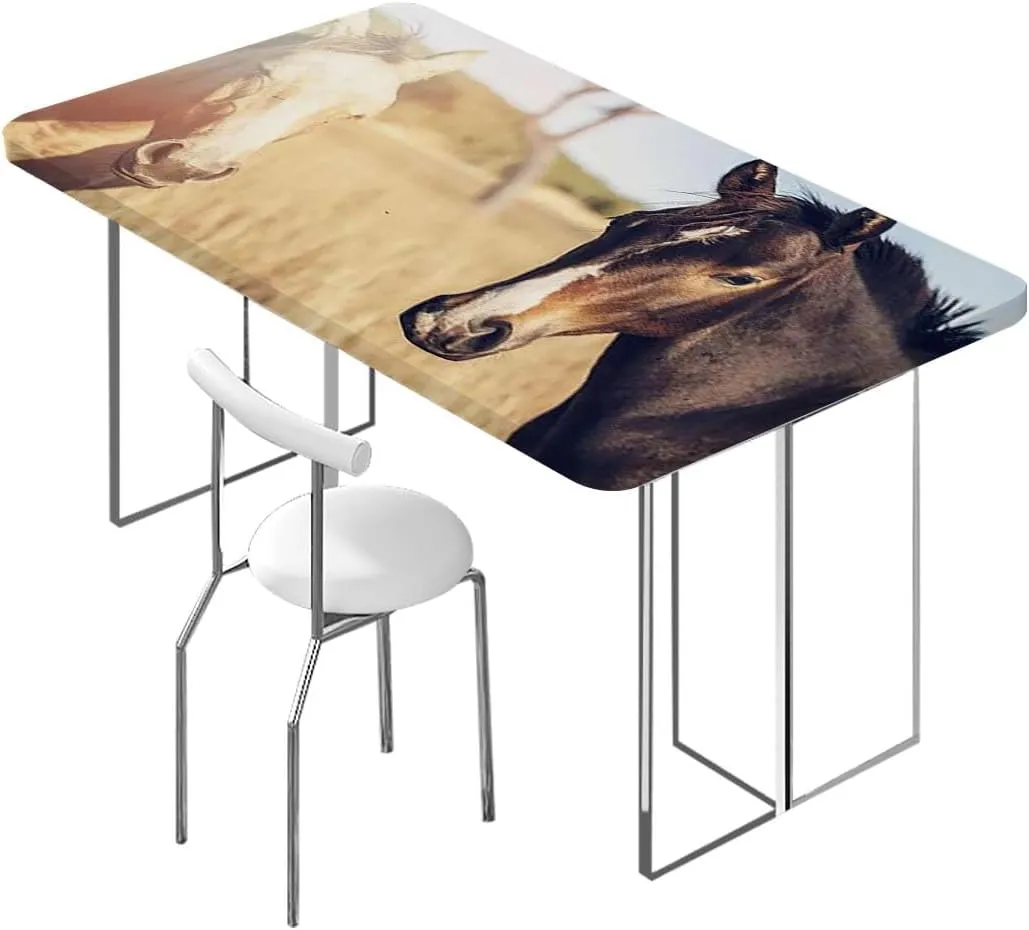 White Orange Green Tablecloth for Folding Table Horse Running on Plowed Elastic Tablecloth for Rectangle Table for Outdoor Picnics Dining Holiday Horses Fits up 5 Foot Tables