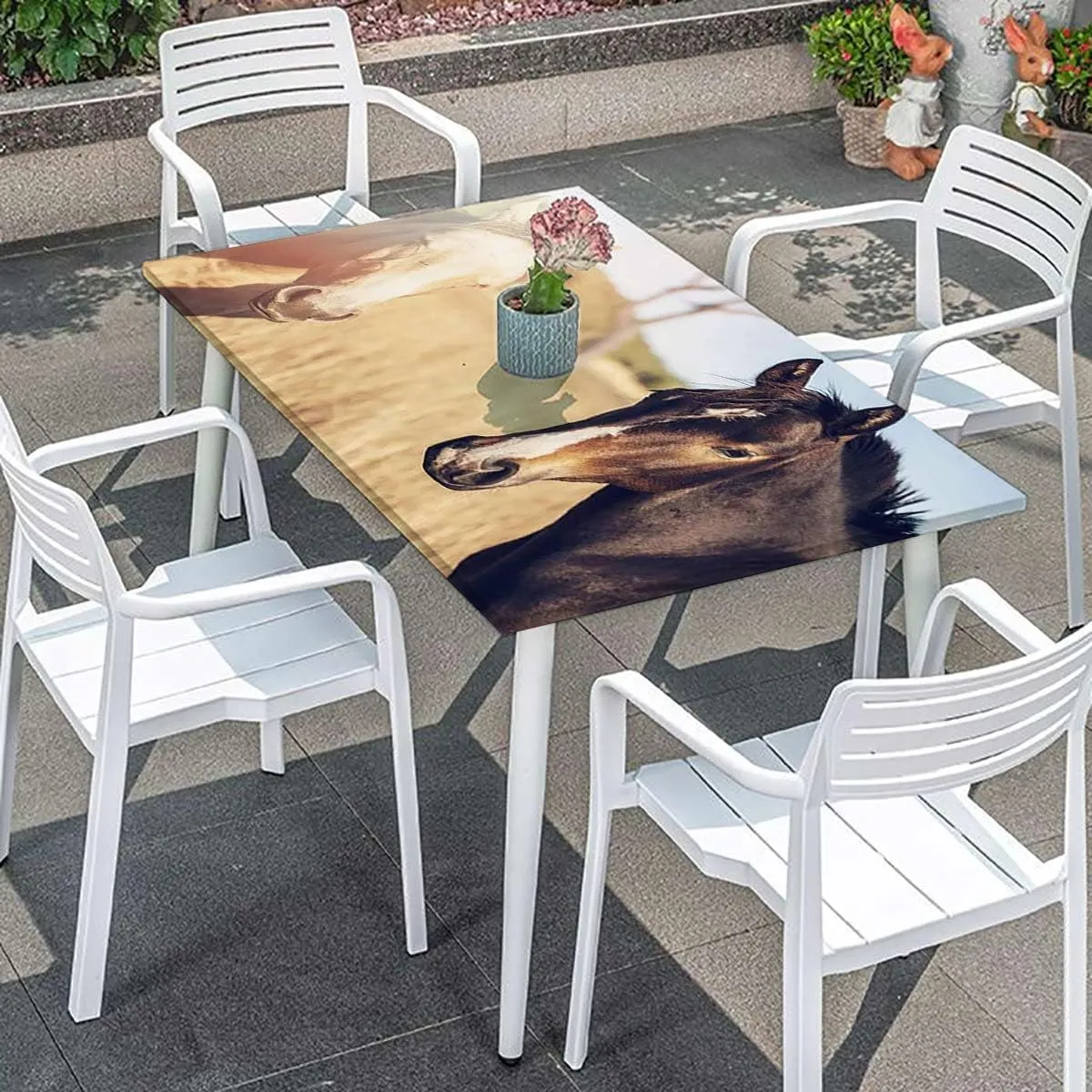 White Orange Green Tablecloth for Folding Table Horse Running on Plowed Elastic Tablecloth for Rectangle Table for Outdoor Picnics Dining Holiday Horses Fits up 5 Foot Tables