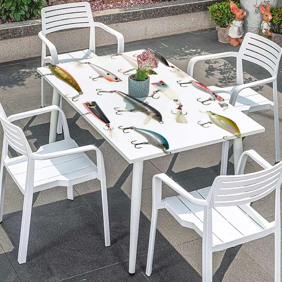 White Yellow Elastic Tablecloth Fishing Fishing Tackle Bait Theme Print Fitted Tablecloth Elastic Edge Table Cloth for Party Dining Home Picnic Buoy Decor Fits up 5 Foot Tables
