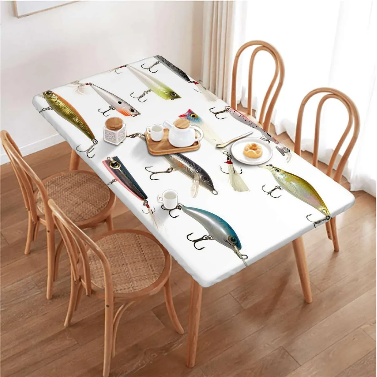 White Yellow Elastic Tablecloth Fishing Fishing Tackle Bait Theme Print Fitted Tablecloth Elastic Edge Table Cloth for Party Dining Home Picnic Buoy Decor Fits up 5 Foot Tables
