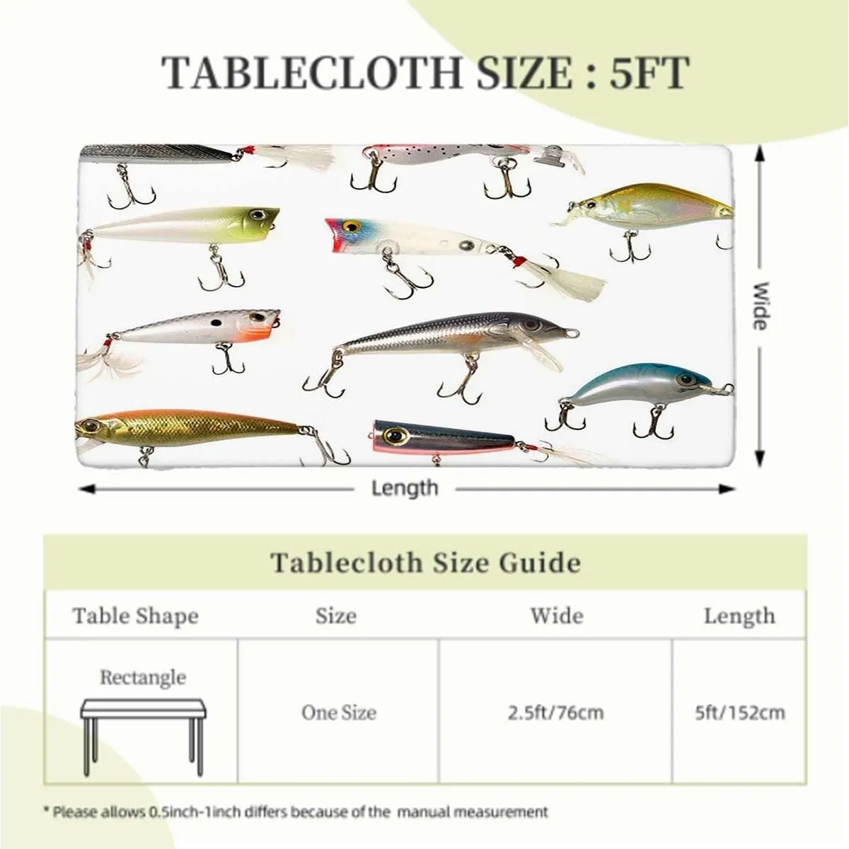 White Yellow Elastic Tablecloth Fishing Fishing Tackle Bait Theme Print Fitted Tablecloth Elastic Edge Table Cloth for Party Dining Home Picnic Buoy Decor Fits up 5 Foot Tables