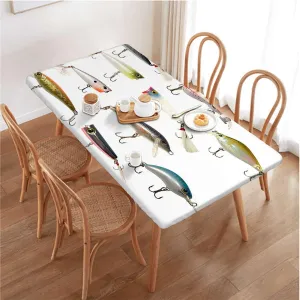 White Yellow Elastic Tablecloth Fishing Fishing Tackle Bait Theme Print Fitted Tablecloth Elastic Edge Table Cloth for Party Dining Home Picnic Buoy Decor Fits up 5 Foot Tables
