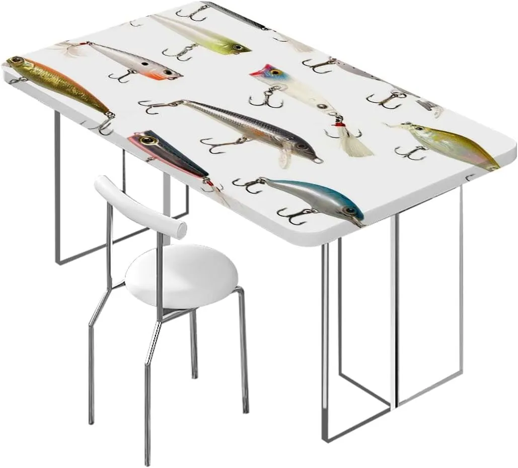White Yellow Elastic Tablecloth Fishing Fishing Tackle Bait Theme Print Fitted Tablecloth Elastic Edge Table Cloth for Party Dining Home Picnic Buoy Decor Fits up 5 Foot Tables