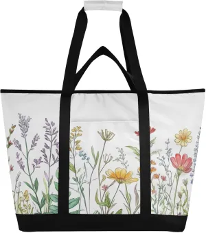 Wildflowers Reusable Insulated Lunchbox Cooler Bag, Leakproof Kitchen Grocery Bag Collapsible Portable Cooler Tote Bag for Picnic, Camping, Office, Travel