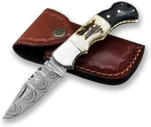 WINTERFELL Damascus Steel Folding Pocket Knife for Men with Leather Sheath, 100% Handmade Gifts for Husband, Dad, Boyfriend, Damascus Steel Groomsman Gift Knives