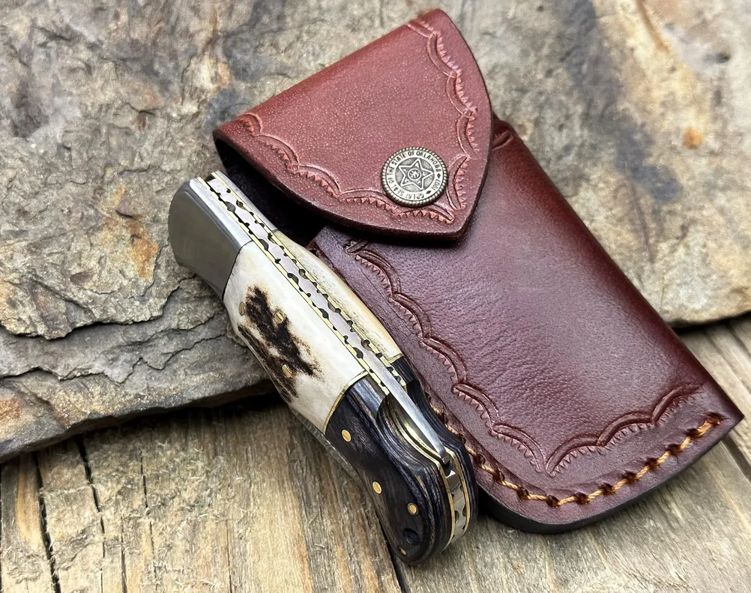 WINTERFELL Damascus Steel Folding Pocket Knife for Men with Leather Sheath, 100% Handmade Gifts for Husband, Dad, Boyfriend, Damascus Steel Groomsman Gift Knives
