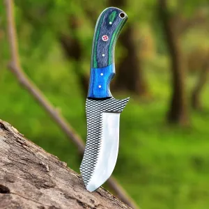 Wolf Cut Custom Handmade Farrier Rasp Steel Bull cutter knife Cowboy knife Hunting knife Camping knife with Pancake Leather Sheath (Blue wood)