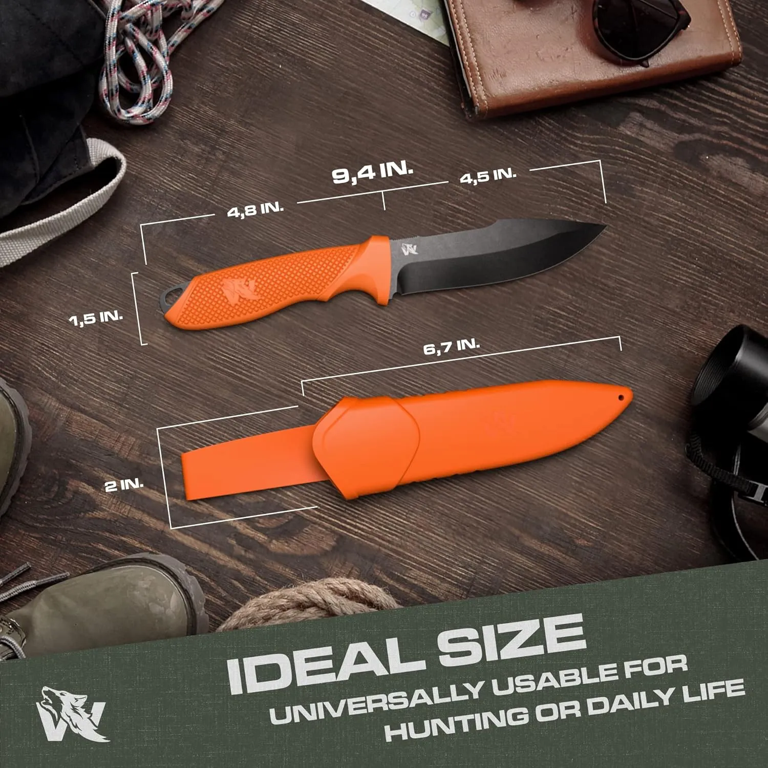 WOLF-I Full Tang Survival Knife with Sheath - Stylish Tactical Fixed Blade Knife - Made of 440C Steel - Bushcraft and Camping Knife Survival - Perfect EDC Outdoor Knife with TPE Handle