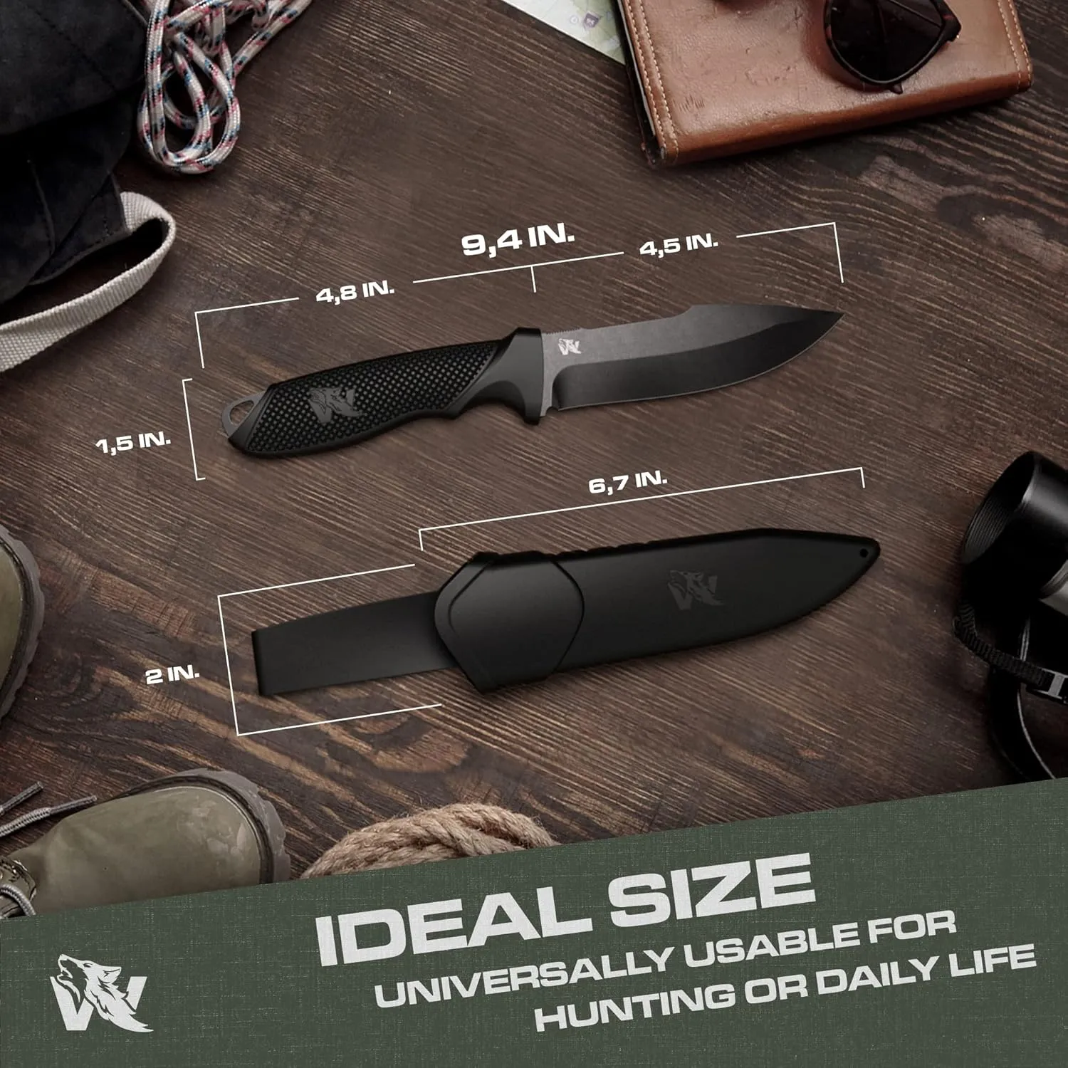 WOLF-I Full Tang Survival Knife with Sheath - Stylish Tactical Fixed Blade - Made of 440C Steel - For Bushcraft and Camping Survival - Perfect EDC Outdoor Knife with TPE Handle