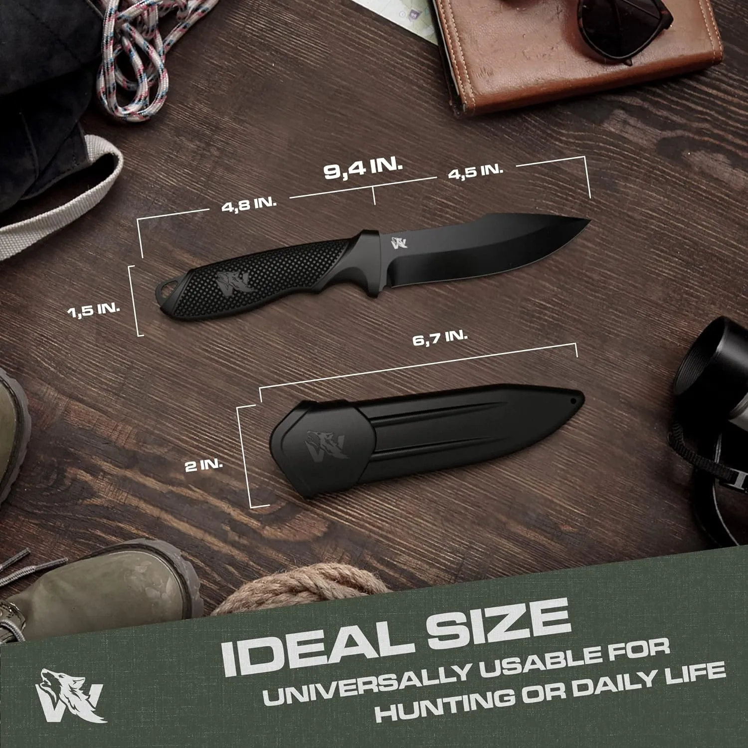 WOLF-II Full Tang Survival Knife with Sheath and Multi Lok - Strong Tactical Fixed Blade - Made of D2 Steel - Bushcraft and Camping Knife - EDC Outdoor Knife with TPE Handle