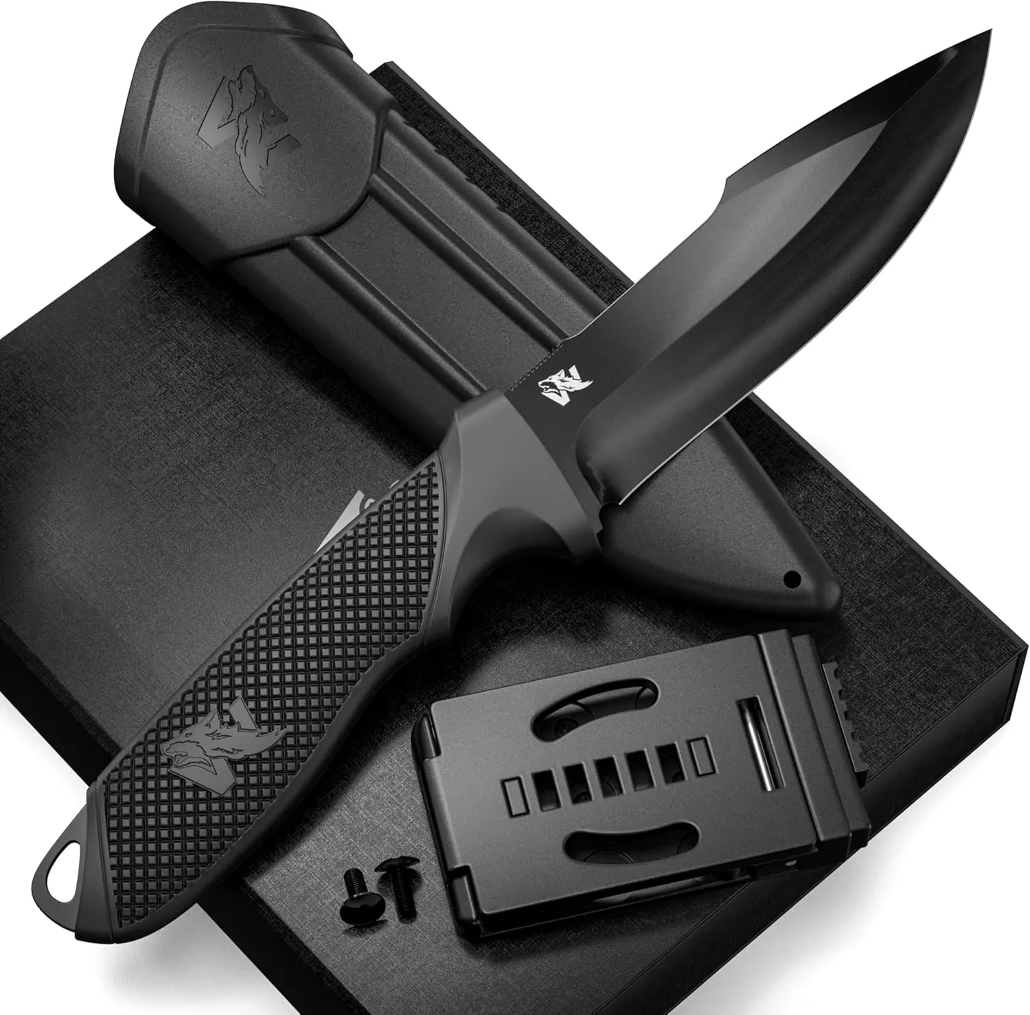 WOLF-II Full Tang Survival Knife with Sheath and Multi Lok - Strong Tactical Fixed Blade - Made of D2 Steel - Bushcraft and Camping Knife - EDC Outdoor Knife with TPE Handle