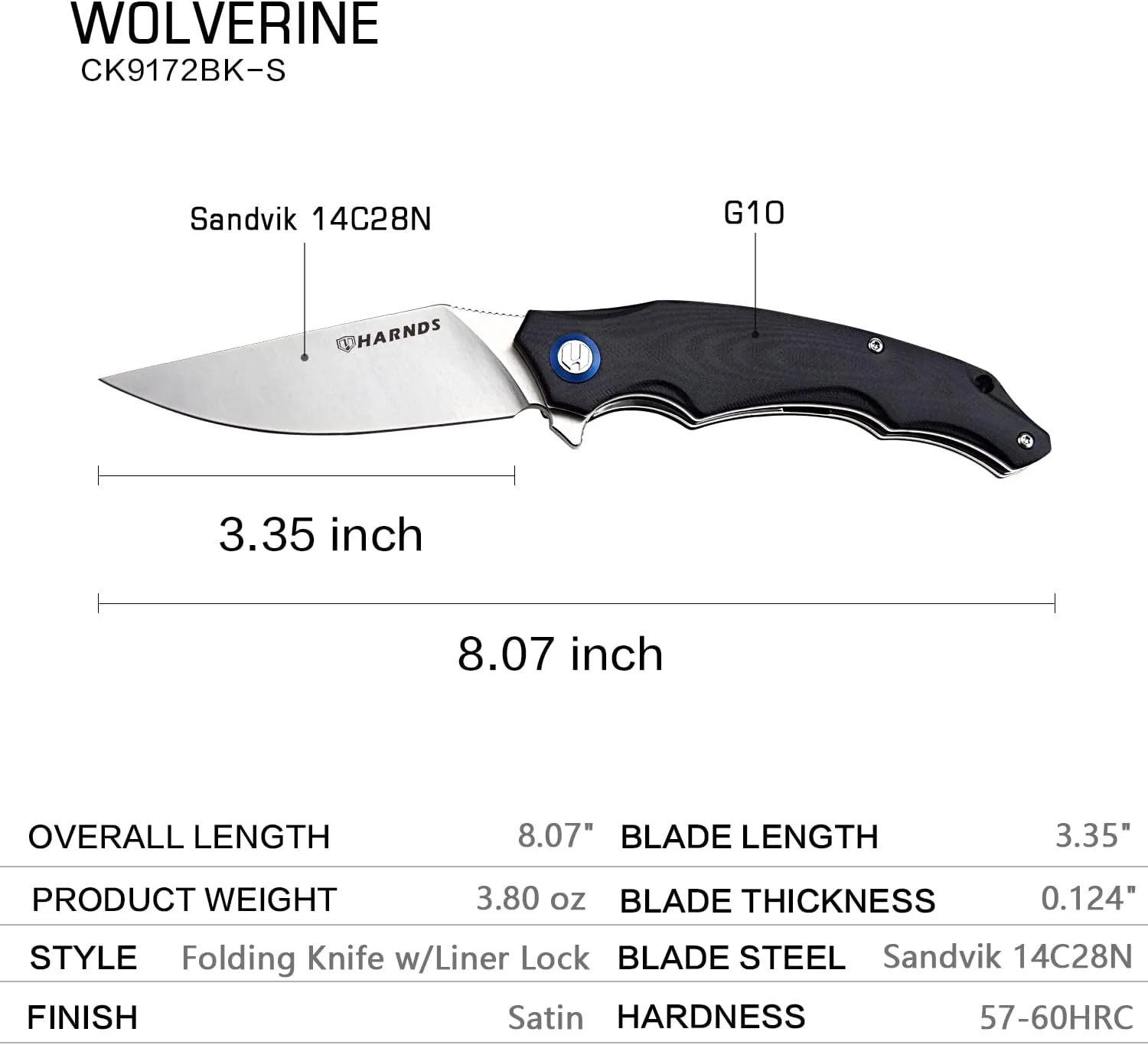 Wolverine Folding Knife Flipper Sandvik Steel Blade G10 Handle Pocket Camping Knife Ball Bearing with Pocket Clip (black satin)