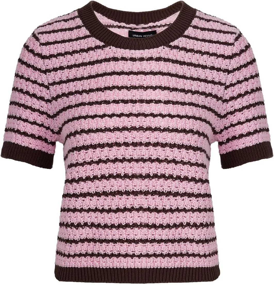 Women's Short Sleeve Sweaters Crewneck Knit Tops Casual Striped 2025 Trendy Soft Summer Blouses