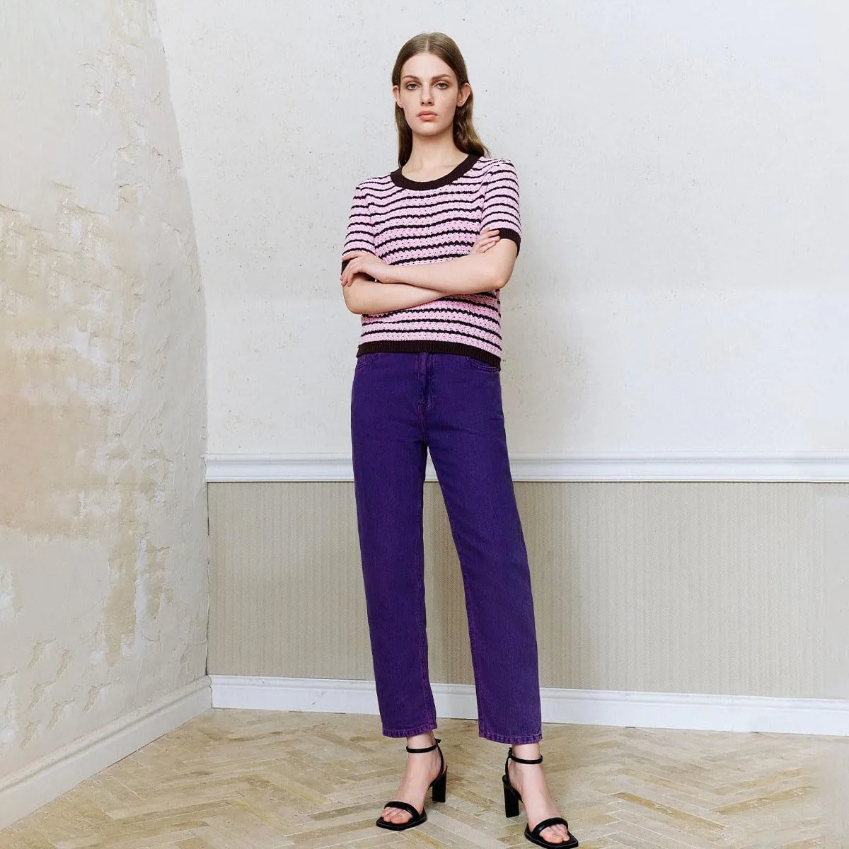 Women's Short Sleeve Sweaters Crewneck Knit Tops Casual Striped 2025 Trendy Soft Summer Blouses