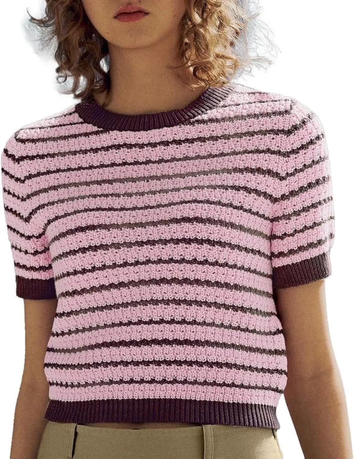 Women's Short Sleeve Sweaters Crewneck Knit Tops Casual Striped 2025 Trendy Soft Summer Blouses