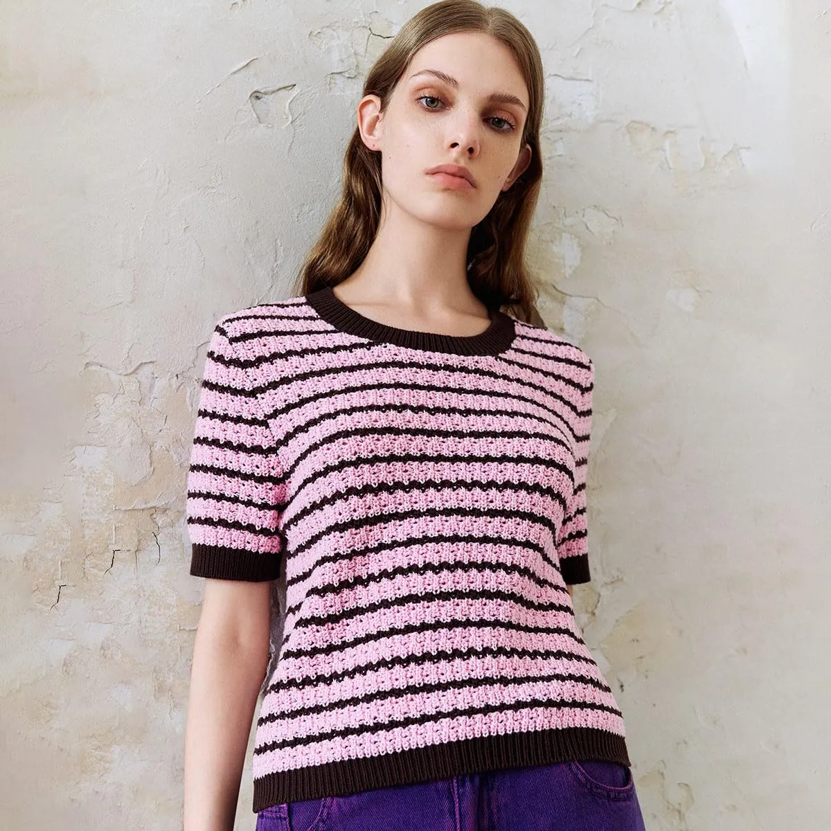Women's Short Sleeve Sweaters Crewneck Knit Tops Casual Striped 2025 Trendy Soft Summer Blouses