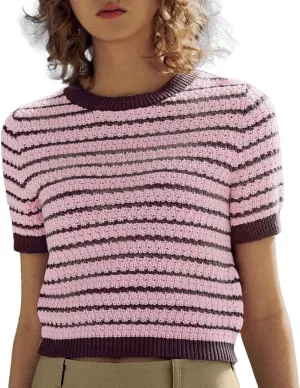 Women's Short Sleeve Sweaters Crewneck Knit Tops Casual Striped 2025 Trendy Soft Summer Blouses