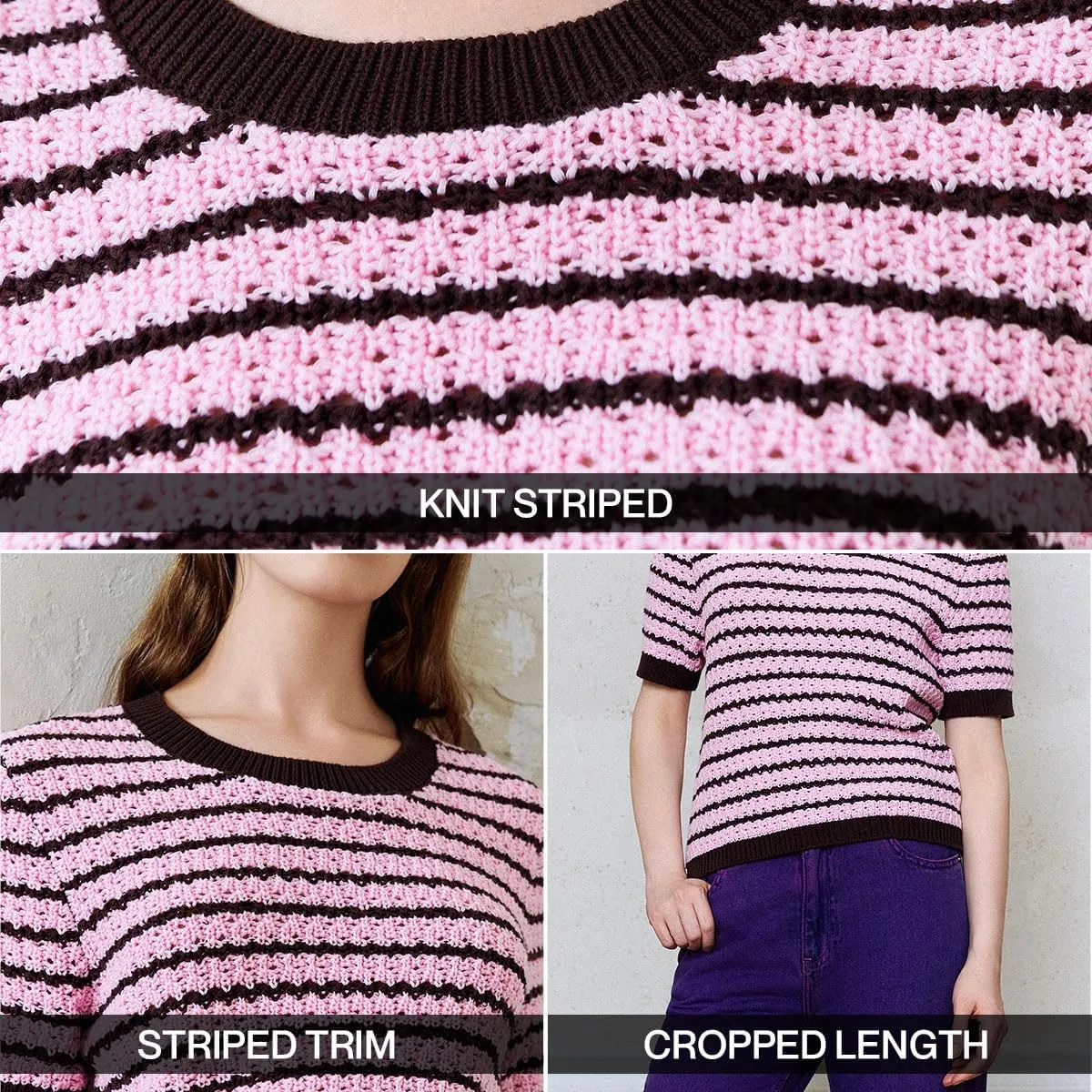 Women's Short Sleeve Sweaters Crewneck Knit Tops Casual Striped 2025 Trendy Soft Summer Blouses
