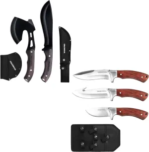 WORKPRO Axe and Fixed Blade Knife Combo Set & Swiss Tech 3 Piece Hunting Knife Set