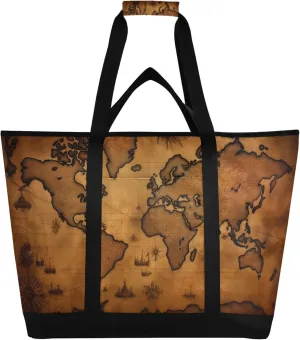 World Map Reusable Insulated Cooler Bag with Ice Pack Compartment - Large 47L Waterproof Thermal Grocery Tote for Picnic Beach Camping Lunch Storage