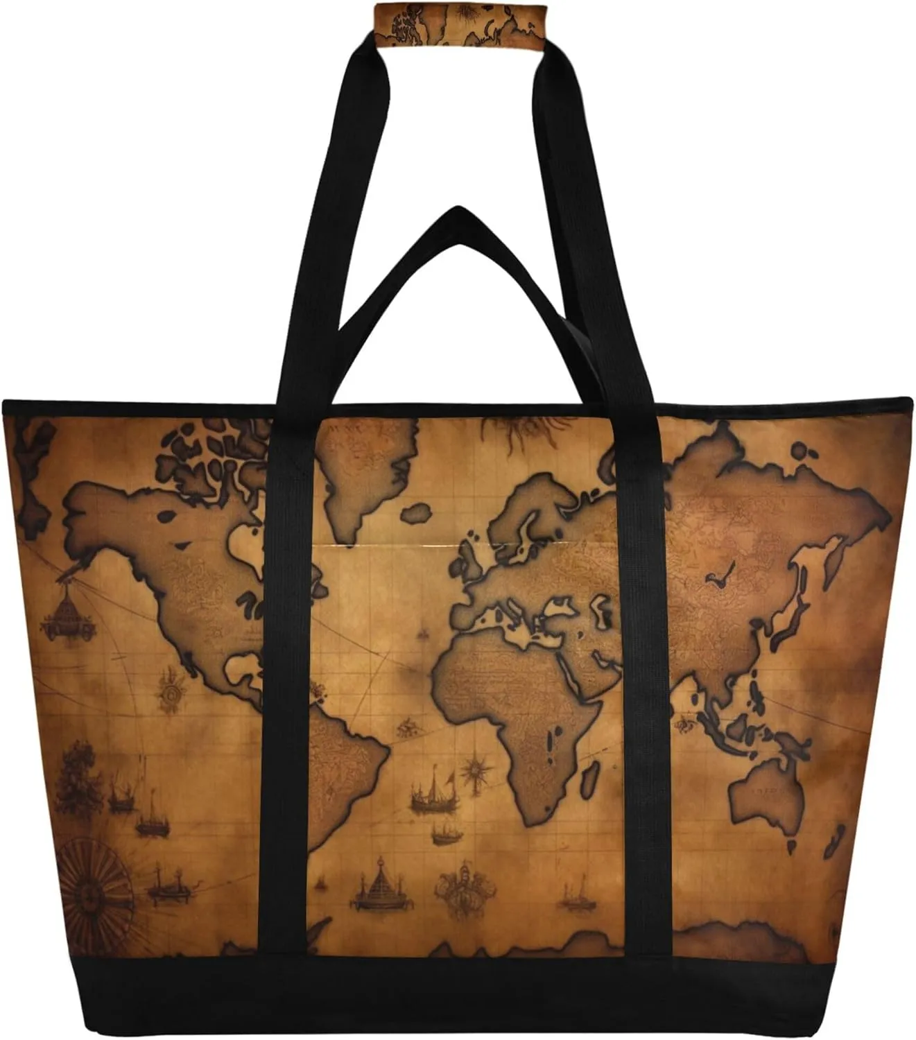World Map Reusable Insulated Cooler Bag with Ice Pack Compartment - Large 47L Waterproof Thermal Grocery Tote for Picnic Beach Camping Lunch Storage