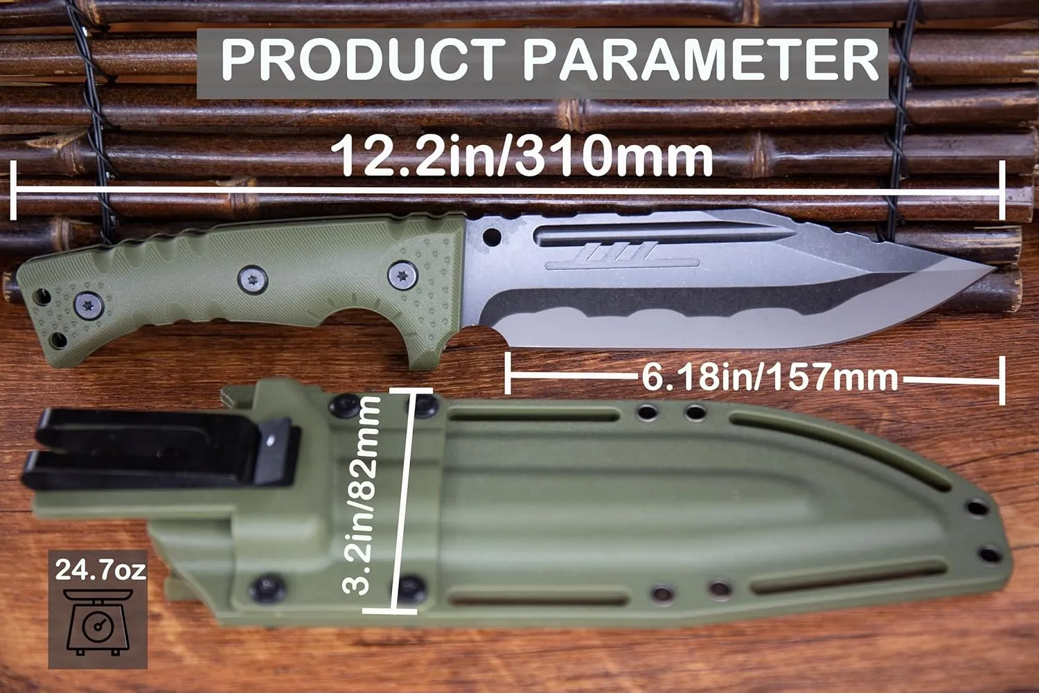WT09 Fulltang Heavy Duty 12-inch Stonewashed Fixed Blade Knife with Kydex Sheath and Fiberglass Handle for Outdoor, Hunting, Camping, Best Gift for Men (Green)