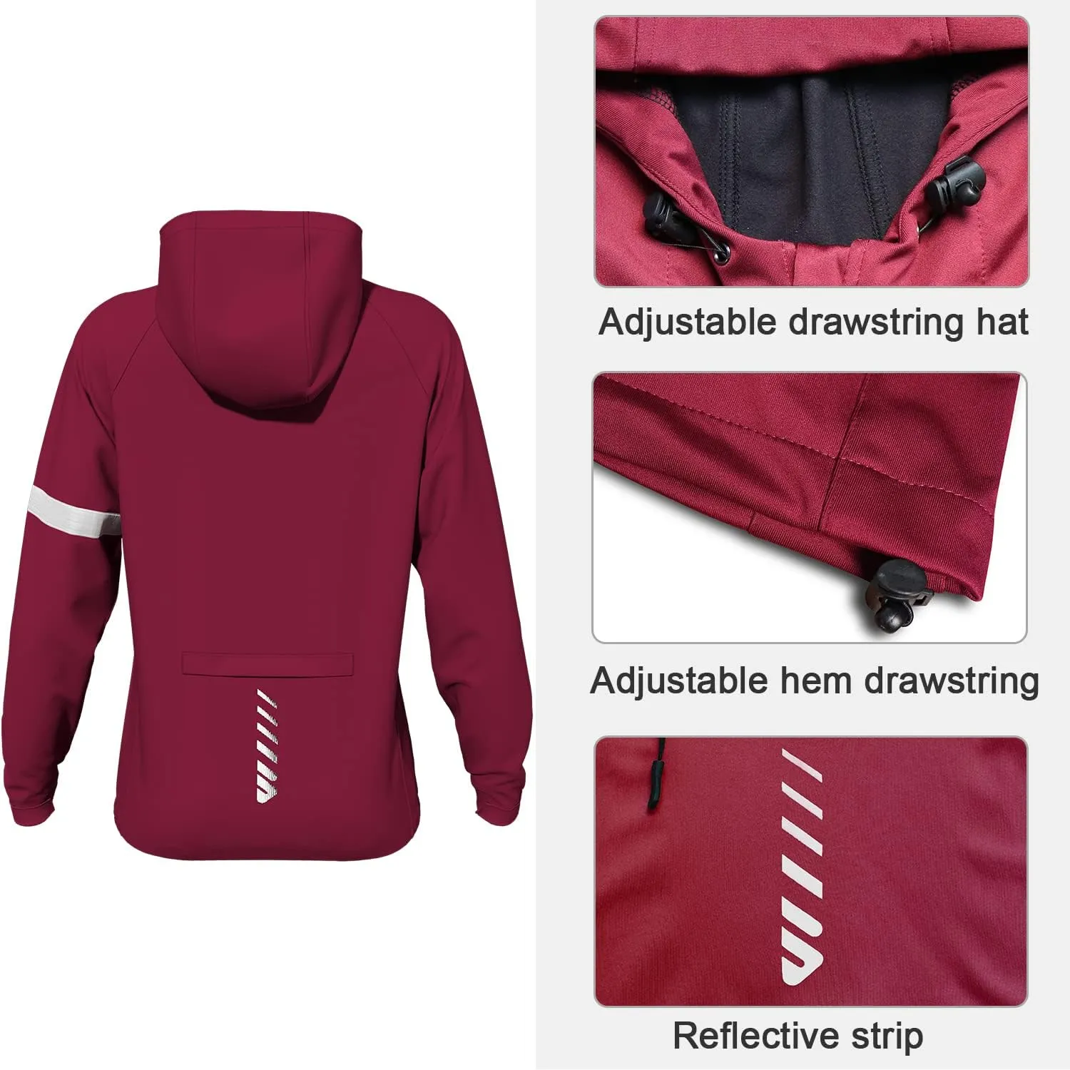 Wulibike Cycling Jackets for Womens Running Jacket Winter Thermal Reflective Hoodie Windproof Coat With 6 Pockets