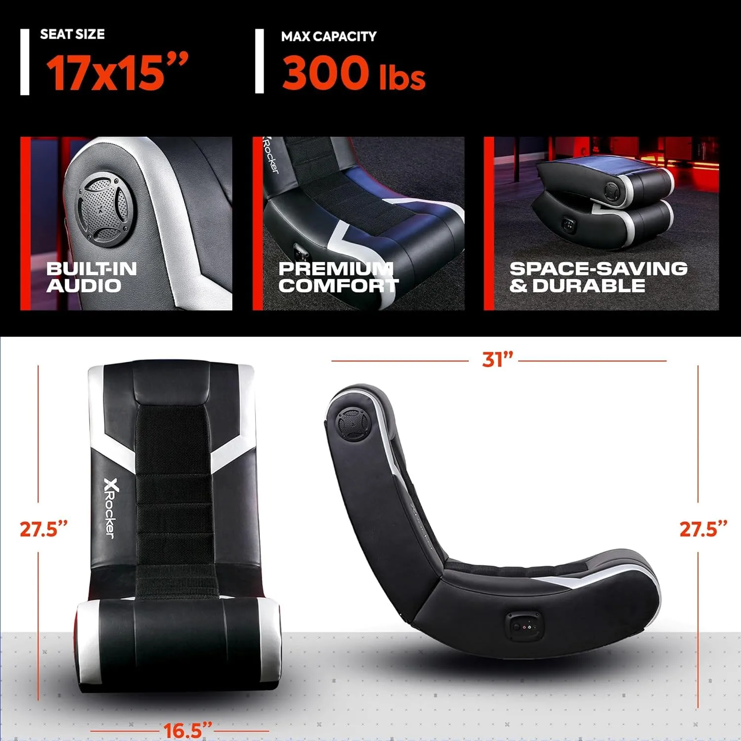 X Rocker Video Gaming Floor Rocker Chair, Built-in Audio Speakers, Foldable for Bedroom or Game Room, Gifts for Gamers, Boys Girls Teens 5-17