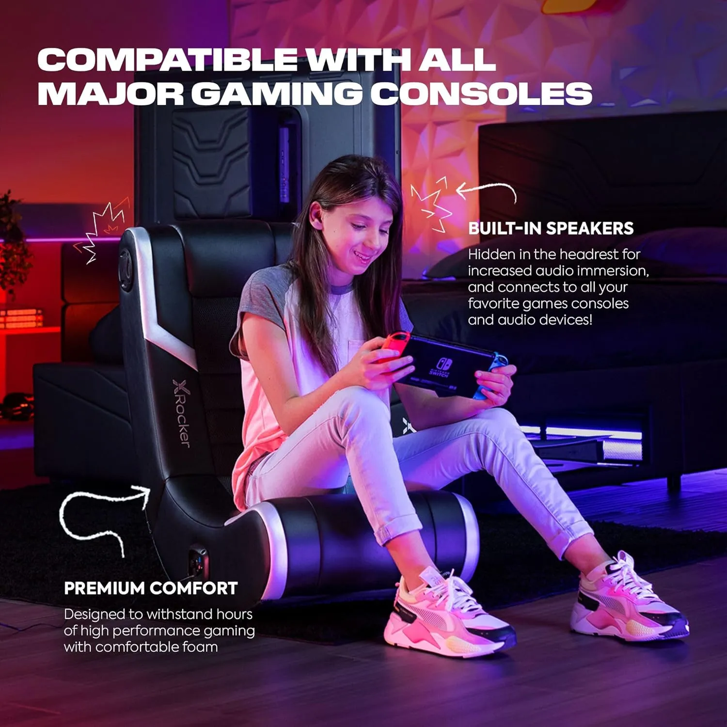 X Rocker Video Gaming Floor Rocker Chair, Built-in Audio Speakers, Foldable for Bedroom or Game Room, Gifts for Gamers, Boys Girls Teens 5-17