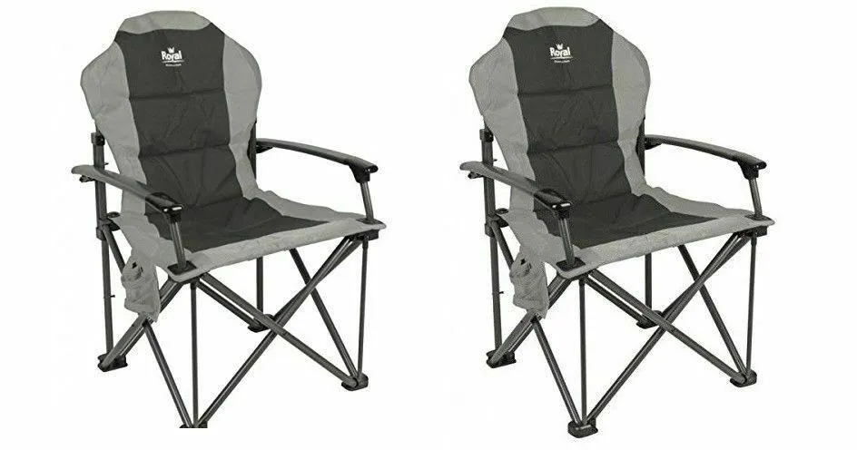 X2 (Pair) Royal Commander Chair Black/Grey゠- Padded Camping Armchair - 2019 -