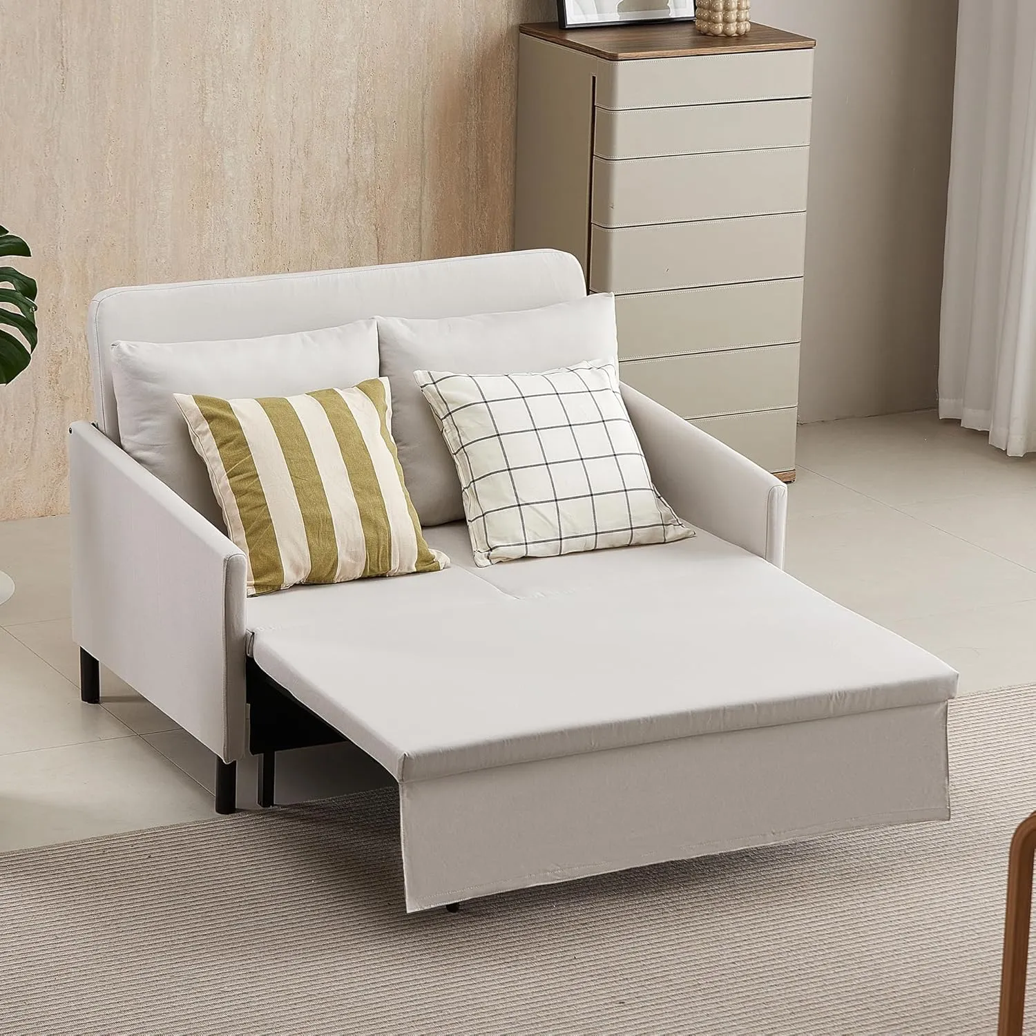 XSPRACER 3-in-1 Convertible Sleeper Sofa, Loveseat Sofa Couch with Pullout Bed and Storage for Living Room, Bedroom, Balcony, RV, Linen, White