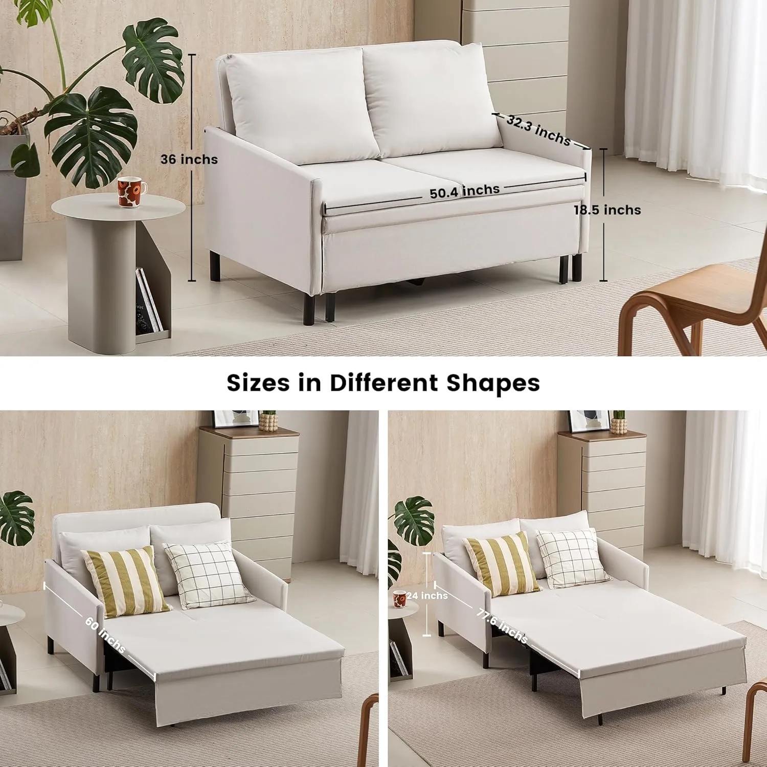 XSPRACER 3-in-1 Convertible Sleeper Sofa, Loveseat Sofa Couch with Pullout Bed and Storage for Living Room, Bedroom, Balcony, RV, Linen, White